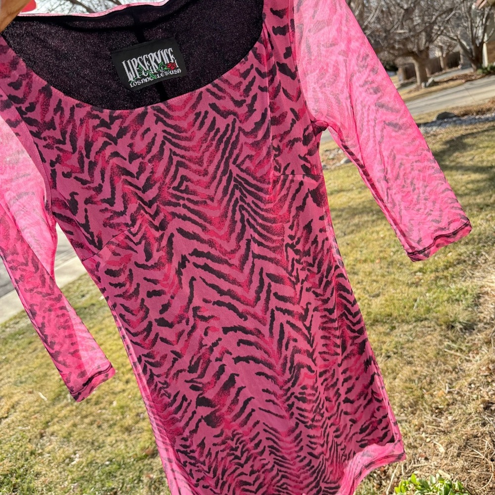 Vintage Lip Service Pink Black Zebra Print Sheer Long Sleeve Mini Dress Sz M Y2K